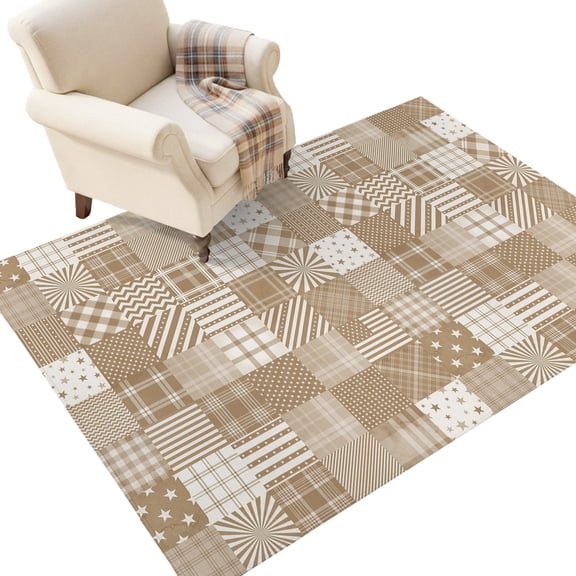 Patchwork Washable Area Rug 2.7 x 5 ft Rustic Brown Plaid Squares Gingham Checks Star Motifs Soft Non‑Slip Rugs Stain Repellent Indoor Mats for Kitchen Aisle, Foyer, Foot‑of‑Bed, Mudroom