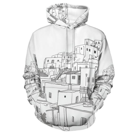 Santorini Black & White Greece Regular Fit Hoodie, Sporty Pullover Hooded Sweatshirt for Men Women S