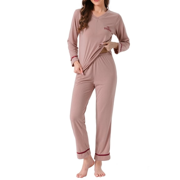 INSPIRE CHIC Womens Cotton Pajamas Ribbed Sleepwear Pullover Tops with Pants Lounge Sets with Pockets S Pink