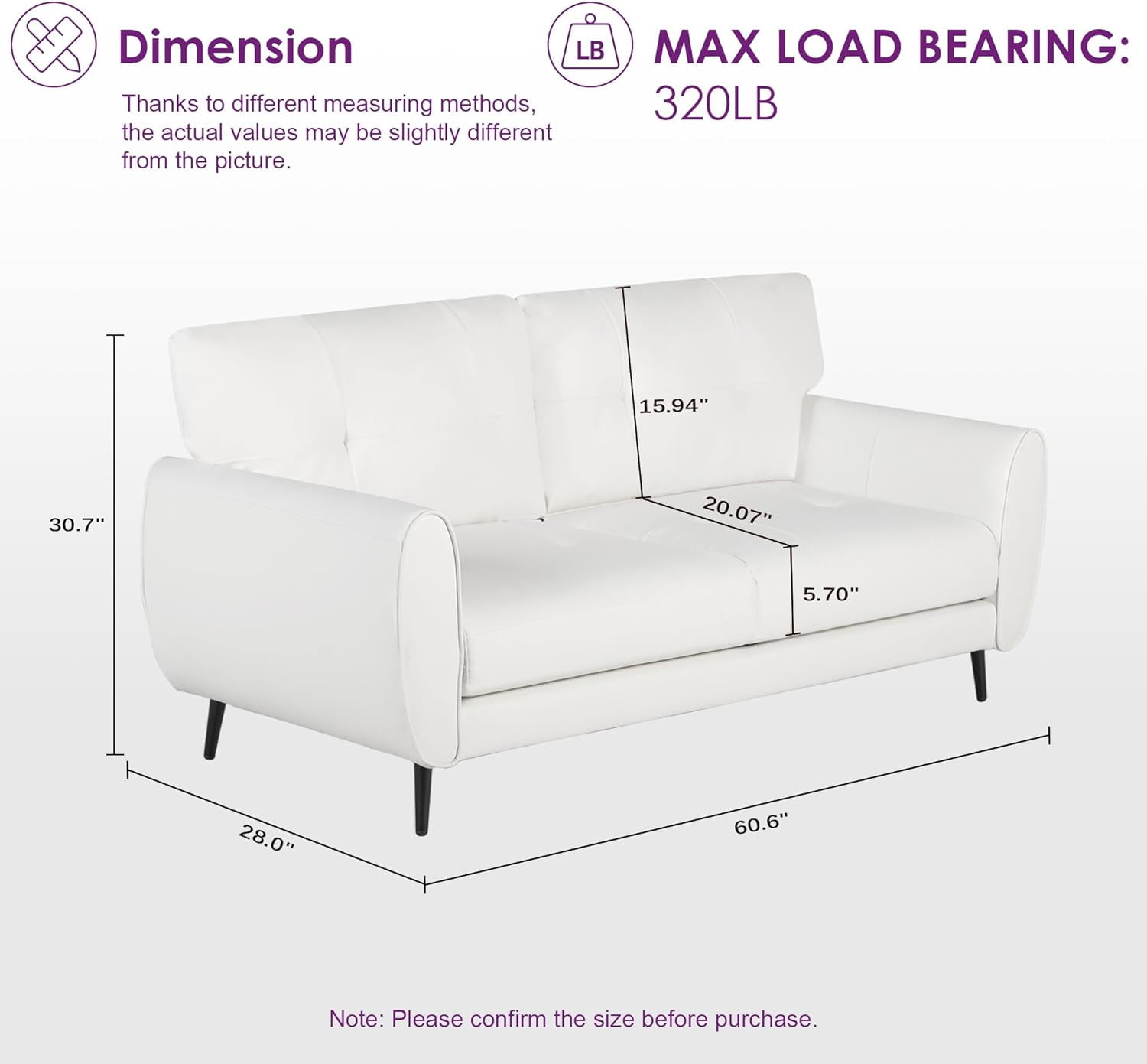 Coewske 3PCS Faux Leather Sofa Set Loveseat Couch & 2 Chairs for Living Room Small Space White