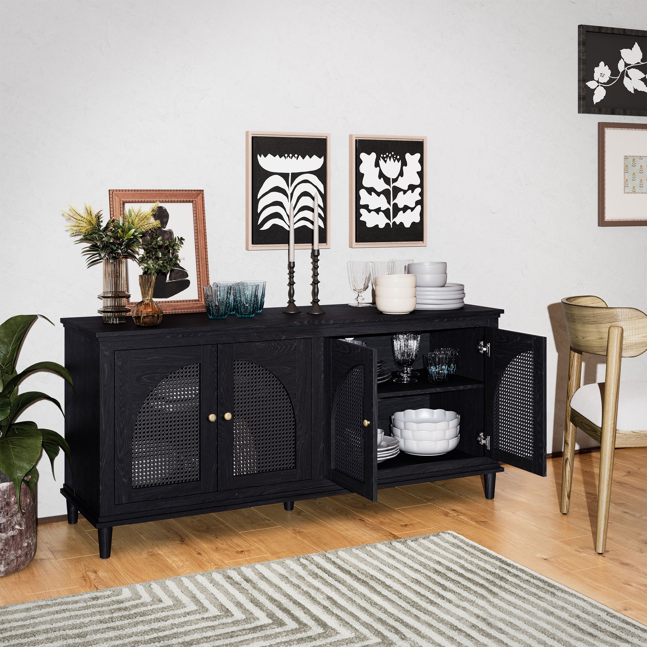 Beautiful Drew Rattan 4-Door Buffet Sideboard by Drew Barrymore, 2 Adjustable Shelves, Black Finish
