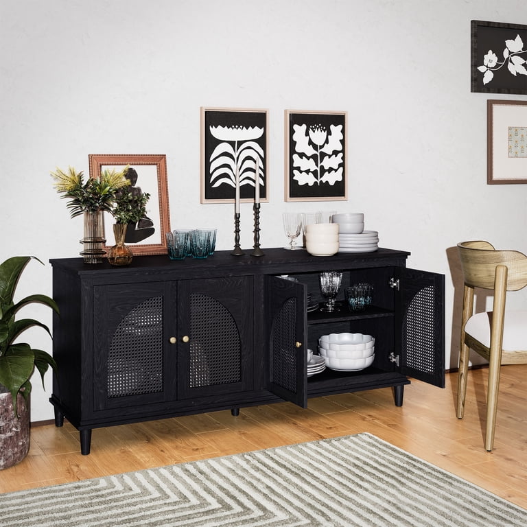 Beautiful Drew Rattan 4-Door Buffet Sideboard by Drew Barrymore, 2 Adjustable Shelves, Black Finish