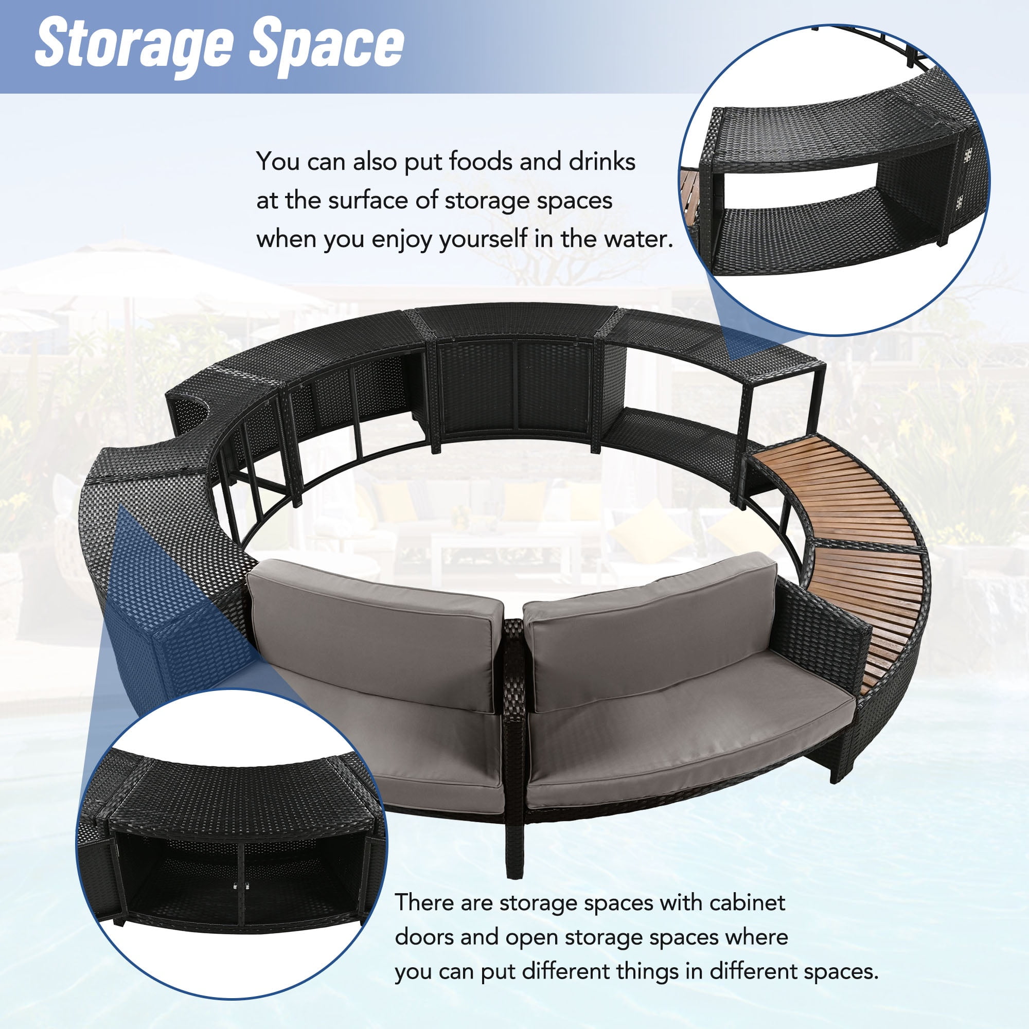 Round Hot Tub Surround Furniture, Spa Surround Outdoor Rattan Sectional Sofa Set with Mini Sofa, Solid Acacia Wood Hot Tub Storage Surround Patio Furniture Set, Gray Cushion
