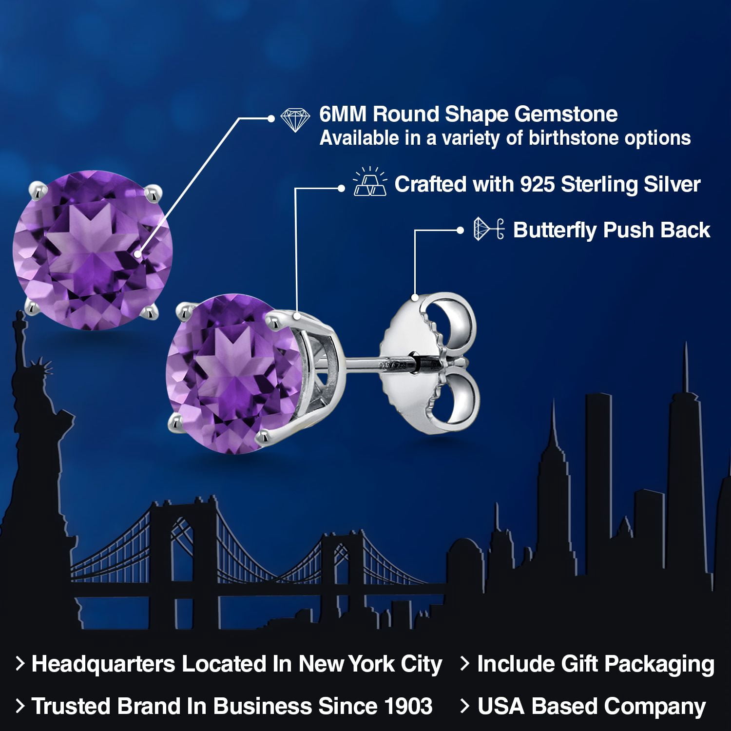 Gem Stone King 925 Sterling Silver Purple Amethyst Stud Earrings for Women Men (2.00 Cttw, Gemstone February Birthstone, Round 6MM)