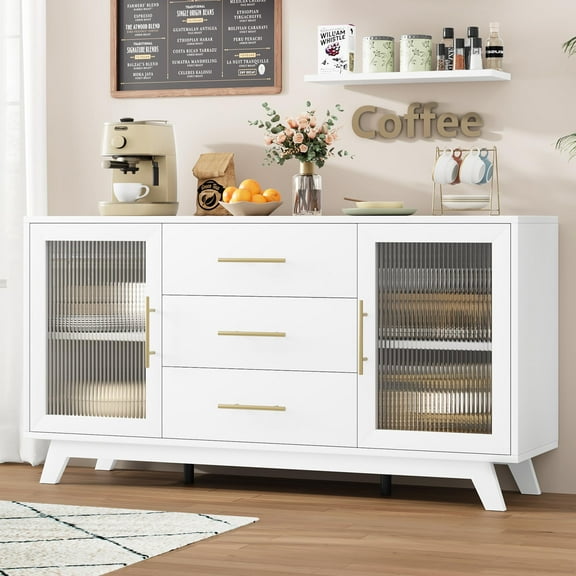 Studyset Sideboard Buffet Cabinet with 2 Fluted Glass Doors, 56" Modern Coffee Bar Cabinet with 3 Large Drawers, White Long Storage Cabinet for Kitchen Dining Living Room, White Top