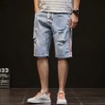 thumbnail image 3 of Pantalones cortos vaqueros desgastados grises para hombre, moda coreana, ajustados, de verano, Y2k, con pantalones cortos holgados y desgastados estilo vintage para hombre, 3 of 5