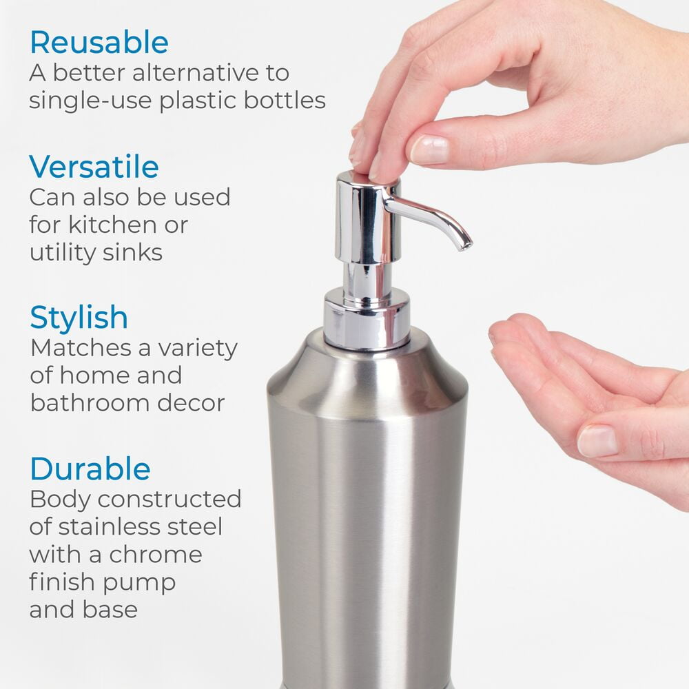 iDesign Stainless Steel Soap Dispenser Pump, 2.9" x 2.9" x 8.5”, Brushed & Chrome Split Finish