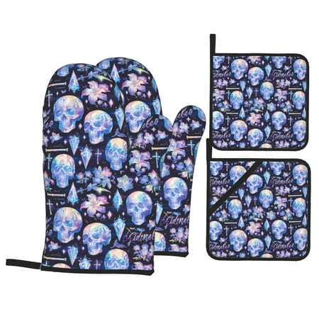 

Oven Mitts and Pot Holders 4 pcs Set crystal cool Skull flower Heat Resistant Pot Holders Oven Mitts for kitchen Non-Slip Hanging Loop Oven Glove Potholders for Baking Cooking