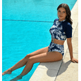 thumbnail image 2 of ITAWES Women's Two Piece Rash Guard Swimsuit, Short Sleeve Crop Top & High Cut Bikini Bottom, Sun Protection Swimwear, 2 of 5