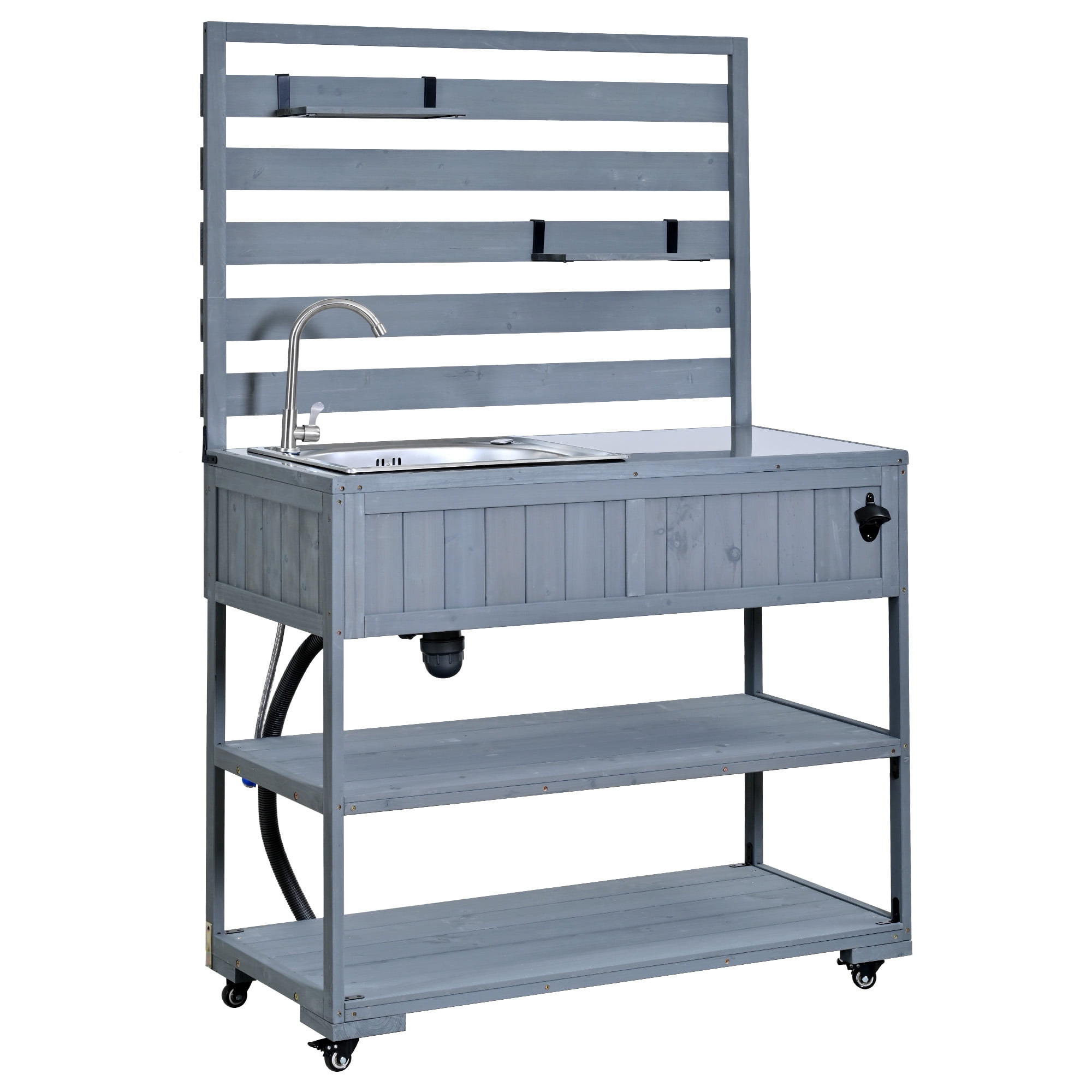 Mintazer Outdoor Rolling Kitchen Island with Sink & Faucet, Garden Potting Bench with Stainless Table Top & 2 Movable Shelves and Bottle Opener, Gray