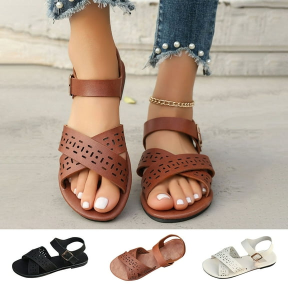 Sandals for Women 2026 Casual Spring Summer Solid New Style Outer Wear Hollow Flat Strap Sandals