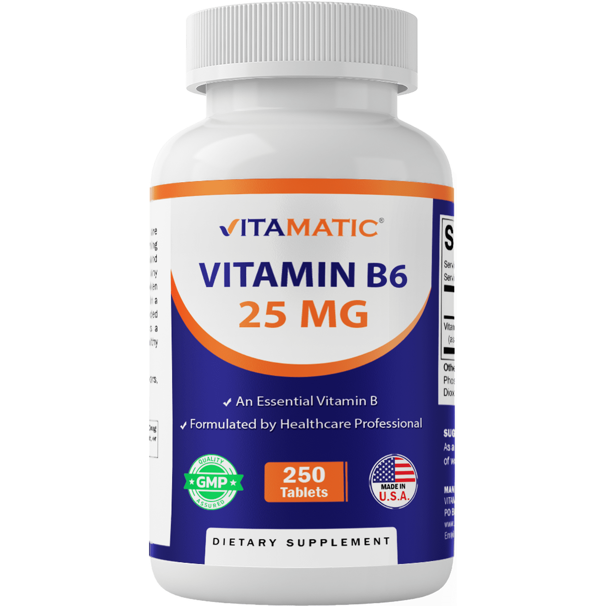 Vitamatic Vitamin B6 (Pyridoxine HCI), 25 mg 250 Vegetarian Tablets - Promotes energy production, boosts metabolism and immune health support