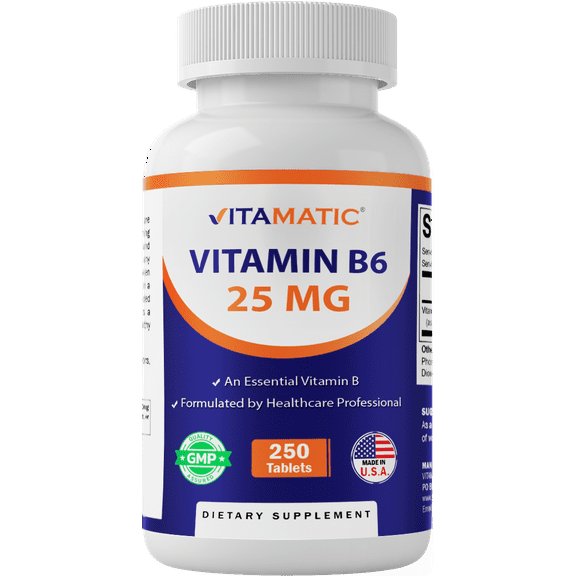 Vitamatic Vitamin B6 (Pyridoxine HCI), 25 mg 250 Vegetarian Tablets - Promotes energy production, boosts metabolism and immune health support
