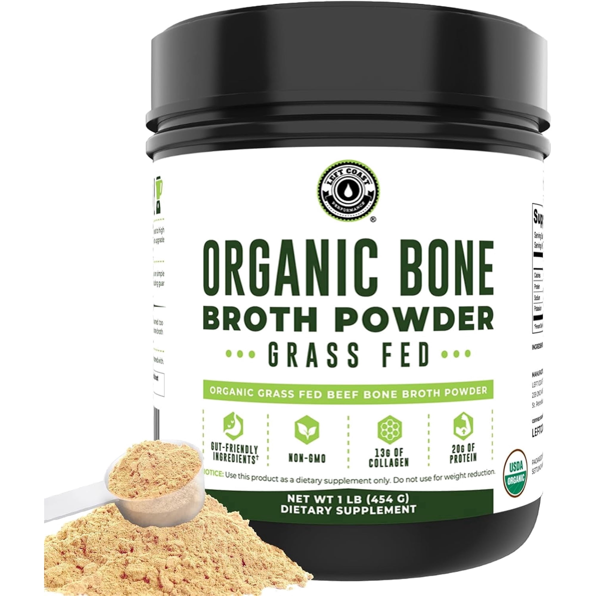 Left Coast Performance Grass Fed Beef Bone Broth Protein Powder with Collagen for Joint Support, Organic, 16 oz