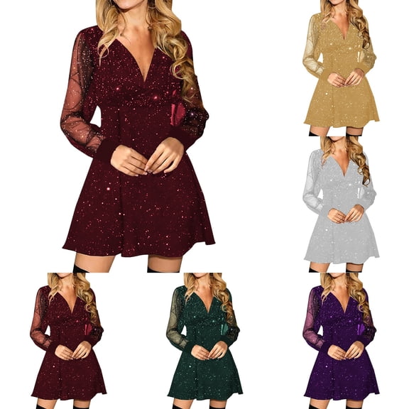 Glitter Dress Women's Party Dress Dresses V-Neck Chiffon Evening Dresses Long Sleeve A-line Evening Dress Women Festive Dress Elegant Dress Club Tops (Dark Green,L)