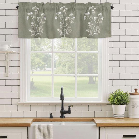 Curtain Valances for Kitchen Windows,Farmhouse Wild Floral Green Rod Pocket Valances Short Curtains Watercolor Delicate Branch Window Treatment for Living Room Bathroom Bedroom Decor,42x12in