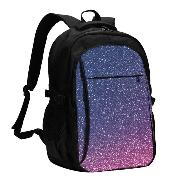 Easygdp Violet Glitter Mochila para Laptop de Viaje con Puerto USB, Mochila para Laptop con Puerto de Carga USB para Mujeres y Hombres