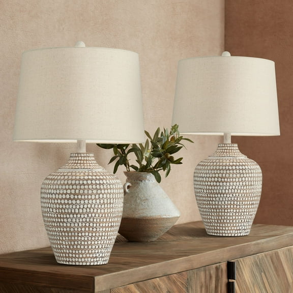 Regency Hill Alese 23 1/2" High Textured Dot Jug Farmhouse Rustic Accent Table Lamps Set of 2 Beige Light Earth Finish Living Room