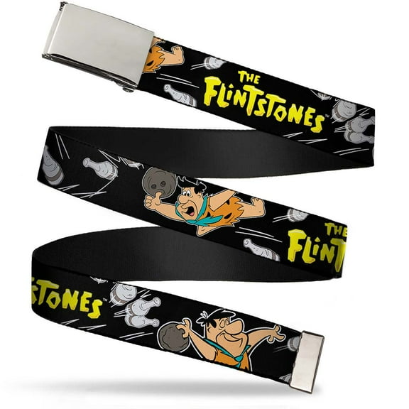 Adjustable Belt, Clamp Buckle, Cut-to-Fit, The Flintstones Fred Bowling Poses Bowling Pins Black