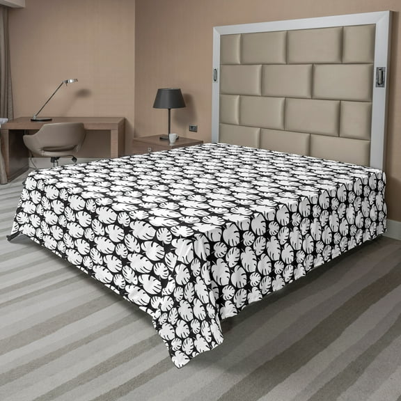 Ambesonne Leaves Flat Sheet, Hawaii Jungle Foliage Motif, California King, Black and White