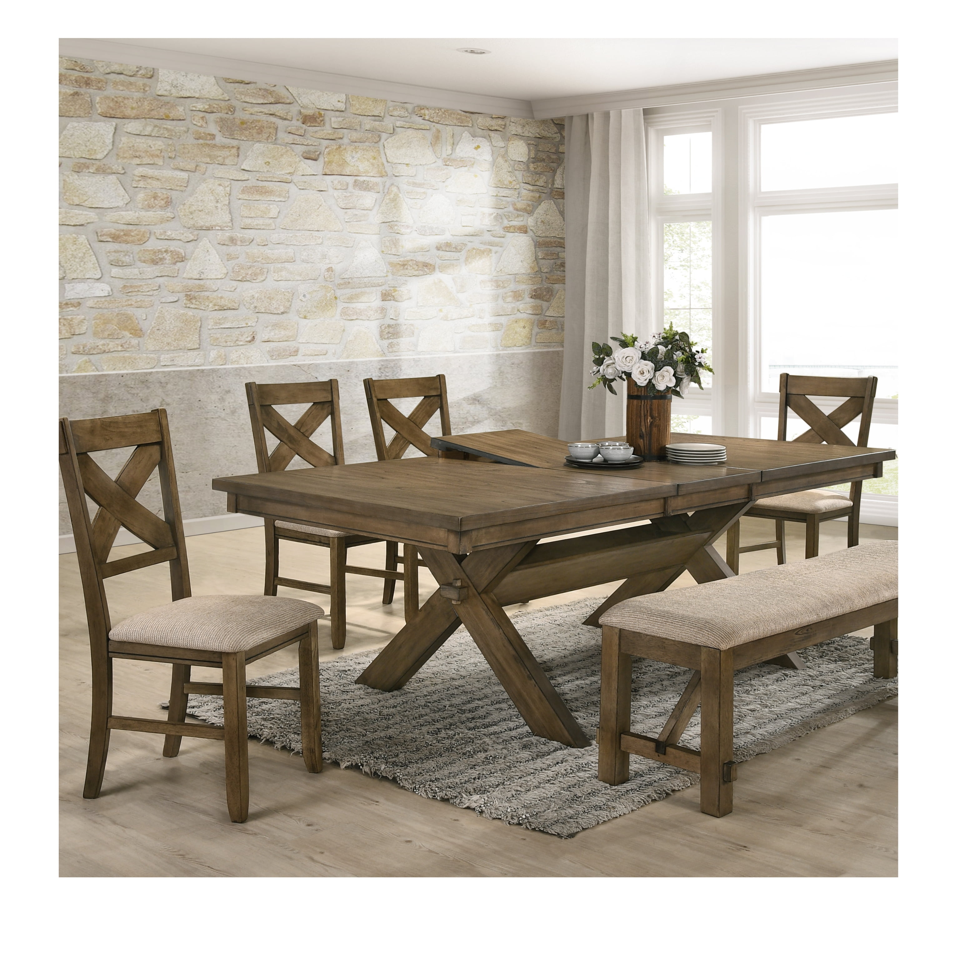 Roundhill Furniture Raven Cross Back Upholstered Dining Chairs in Glazed Pine Brown Finish, Set of 2