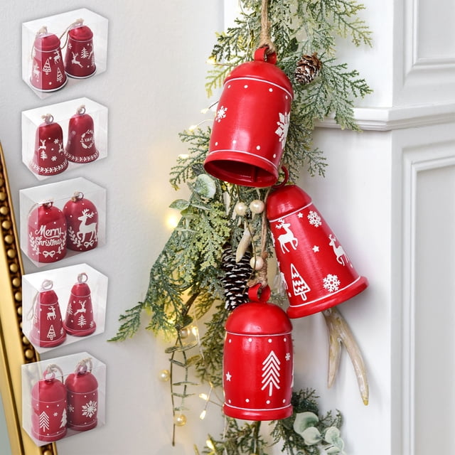 Campanas Navideñas Nórdicas con Efecto Nevado, Adornos para Ventanas, Decoración Colgante | Hierro Forjado Rojo, 21 X 10,4 X 15,7 Cm (Paquete de 2)