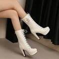 thumbnail image 6 of PiGOGI Women's High Heel Boots Lace Up Belt Buckle Fashion Winter Fall Boots for Women Nude Color Comfortable Chunky Heel Stylish White 38, 6 of 6