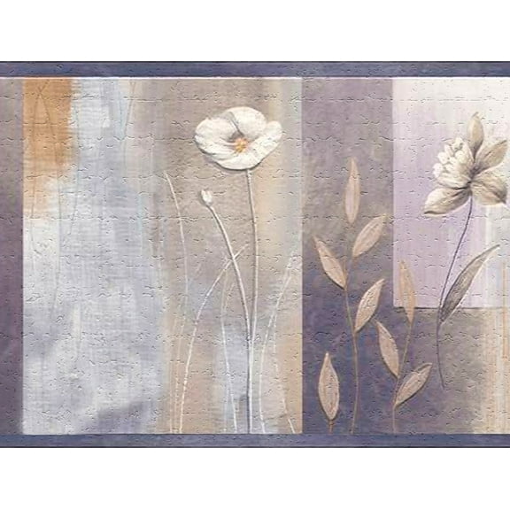 Dundee Deco Peel and Stick Self Adhesive Wallpaper Border - Geometric Silver, Purple, Violet Flowers, 15 ft x 7 in