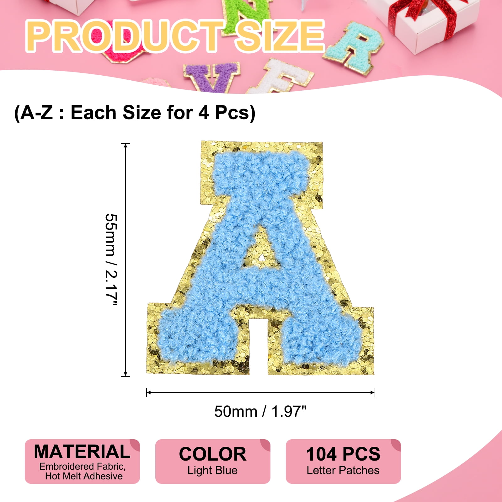 Uxcell Letters Patches, 104 Pcs Initial Letter A-Z Iron on Patch Embroidered Fabric Alphabet Stickers for Clothes Hats Makeup Bags DIY, Light Blue