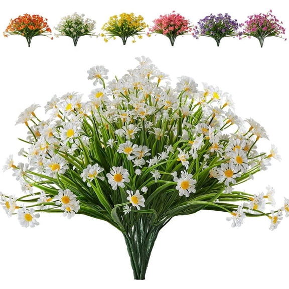 Morttic 4 Bundles Artificial Daisies Flowers Outdoor UV Resistant Fake Foliage Greenery Faux Plants Shrubs Plastic Bushes for Indoor Outside Decor, White