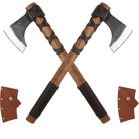 THRWCLUB 2Pack 19 Outdoor Axes with 1065 High Carbon Steel Head and Beech Wood Handle Includes Leather Sheath Ideal for Camping&Yard Work