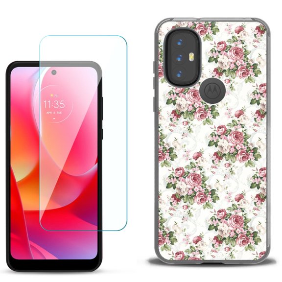 Slim-Fit Gel TPU Phone Case for Motorola Moto G Power 2022, with Tempered Glass Screen Protector, by OneToughShield ® - Floral/Rose