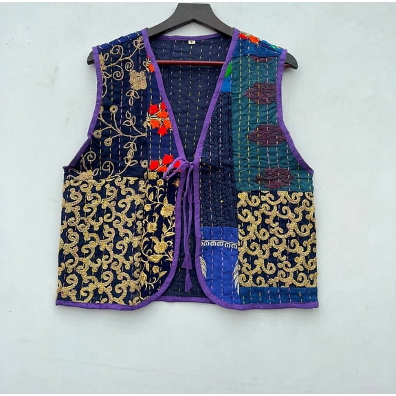Handmade Block Printed Sleeveless Jacket Cotton Quilted Drawstring Closure Upperwear for Women's