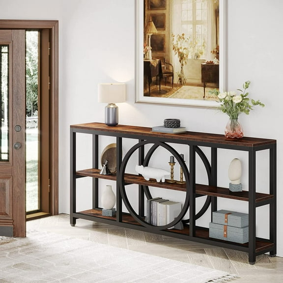 Tribesigns Extra Long Console Table, 70.9 inch Narrow Sofa Tables, 3 Tier Wood Sofa Table with Storage Shelves & Metal Frame for Entryway Hallway Living Room, Rustic Brown & Black