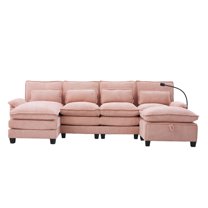 106" U Shape Sectional Sofa Cloud Couch for Living Room, Upholstery Comfy Modular Sofas, 4 Seat Chenille U-Shaped Sleeper Sofa with Chaise Lounge, Ottoman & Pillows (Pink)
