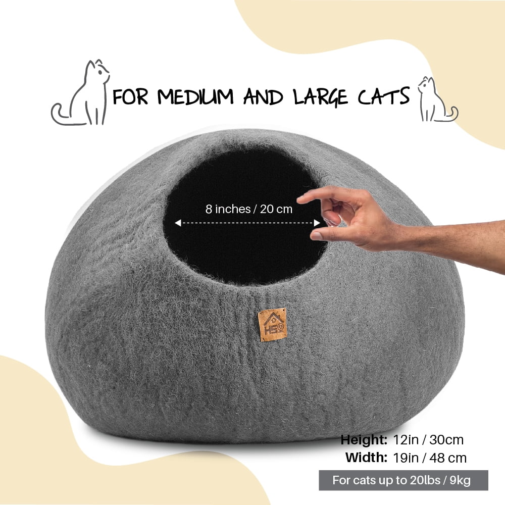 HAUSSIMPLE Wool Cat Cave Bed for Large Cats, Pet Sleeping Bed Natural 100% Merino Wool - Plain Gray
