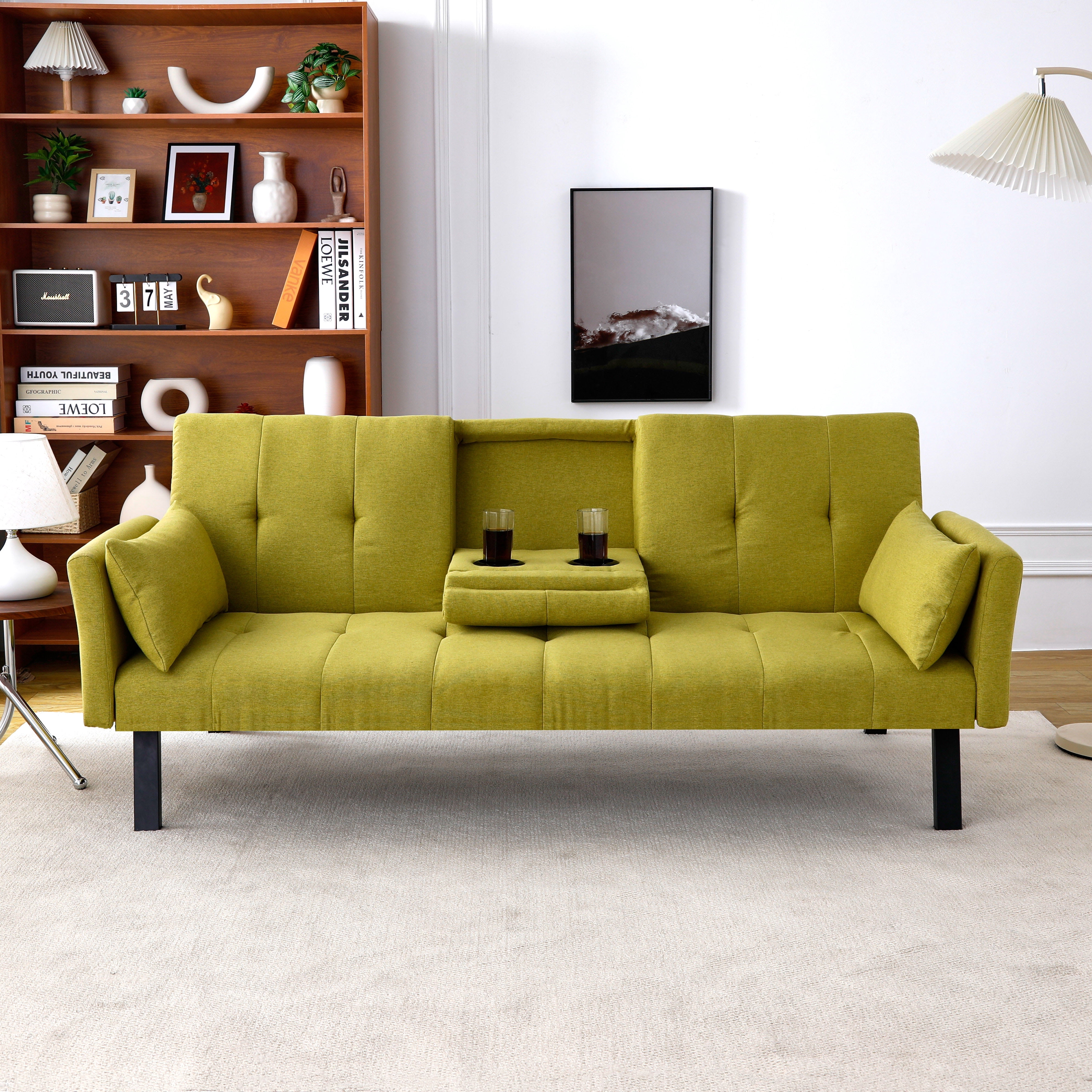 Gewnee 70''Foldable Sofa Bed,2-in-1 Convertible Couch With Adjustable Backrest、Cup Holder & Armrest Storage.Suitable for Small Spaces,Apartments.Green