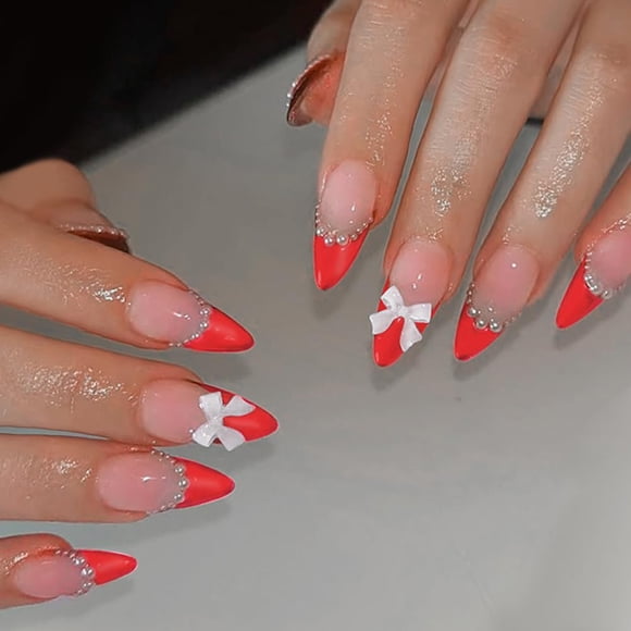 Punta francesa Press On Nails de color rojo almendra con lazo y perla