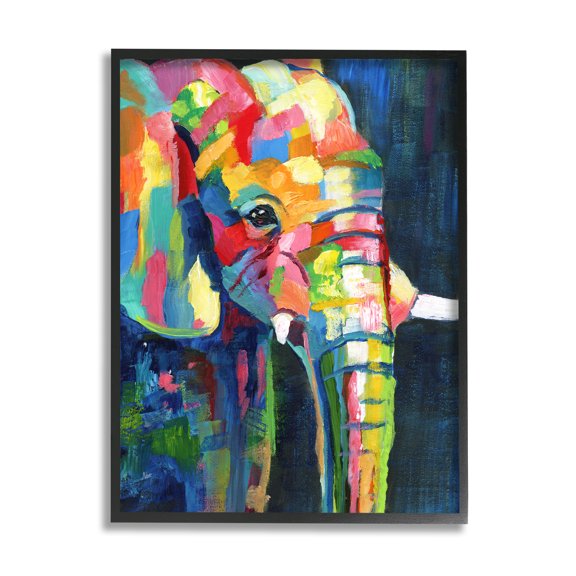 Stupell Industries Contemporary Elephant Abstract Patchwork Rainbow Animals & Insects Painting Black Framed Art Print Wall Art, 16 x 20