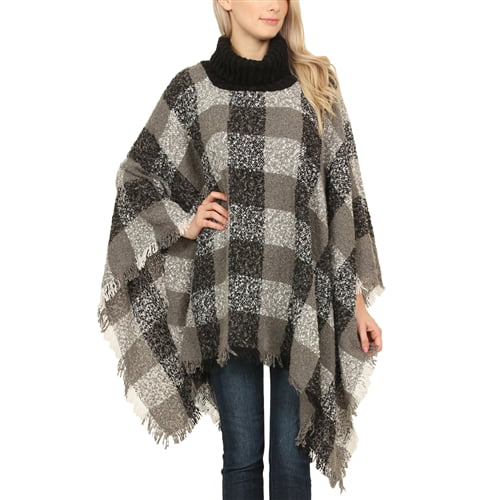 Turtleneck Plaid Sweater Poncho - Walmart.com