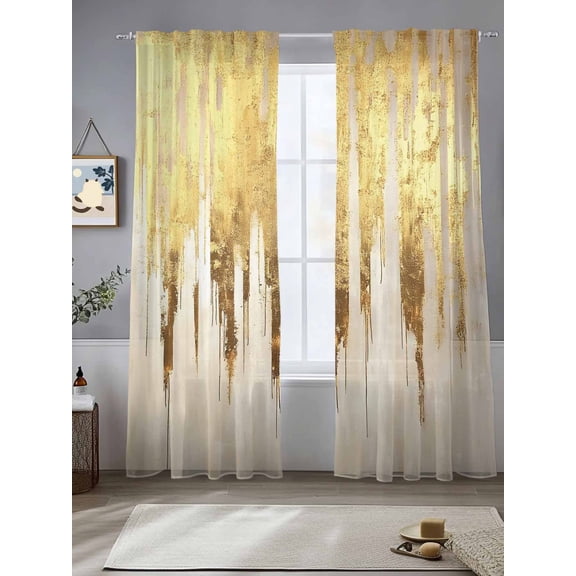 Abstract Art Sheer Curtains 84 Inches Long 2 Panels Gold Brush Luxury Strokes Artwork Simple Light Filtering Semi Sheer Window Curtains Drapes for Bedroom Living Room 52"x84"