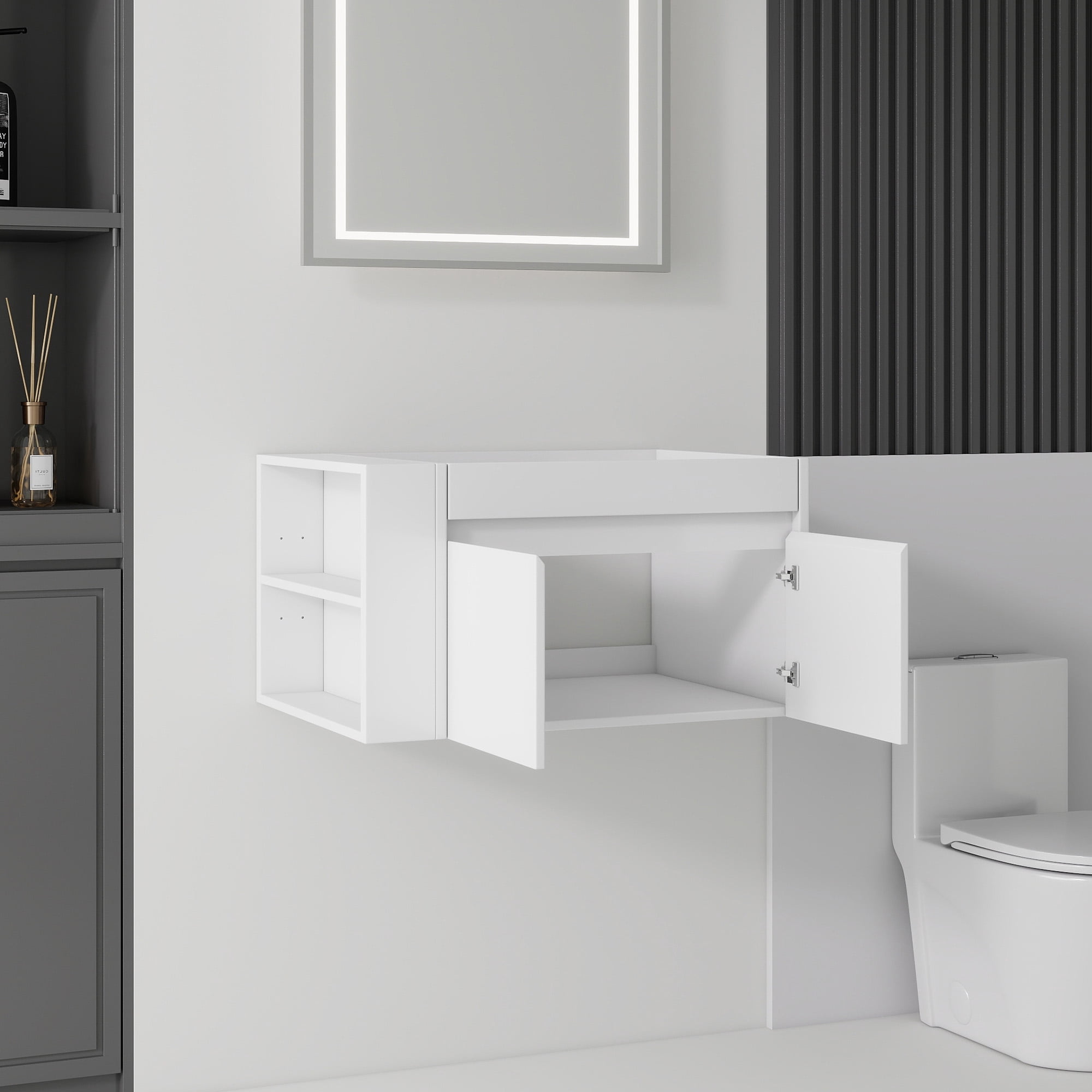 Leumius 30" Floating Bathroom Vanity Cabinet with Open Side Storage Compartment,Soft-Close Double Doors,Wall Mounted Bathroom Cabinet for Small Space,Cabinet Only,White