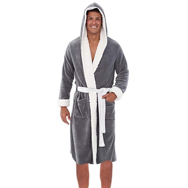 WZXFASHION Men's Winter Plush Lengthened Shawl Bathrobe Home Clothes Long Sleeved Robe Coat Intimates Grey S