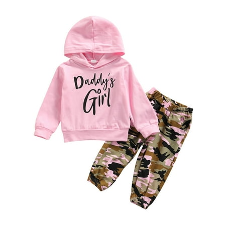 

Musuos Girls Casual Two-piece Clothes Set Pink Hooded Pullover and Camouflage Printed Pattern Pants