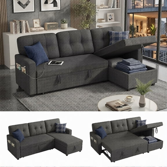Howcool 82" Sectional Sofa Bed, L-Shaped Sleeper Pull Out Couch with Storage Chaise & USB Charging Ports, Linen Fabric for Small Apartment Living Room,Dark Grey