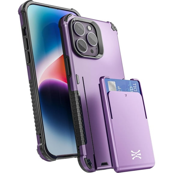 TORU CX PRO for iPhone 14 Pro Max Slim Hard Wallet Case | Detachable Sliding Card Holder for 3 Cards | Dual Layer Protective Shockproof Cover for Wireless Charging - Purple