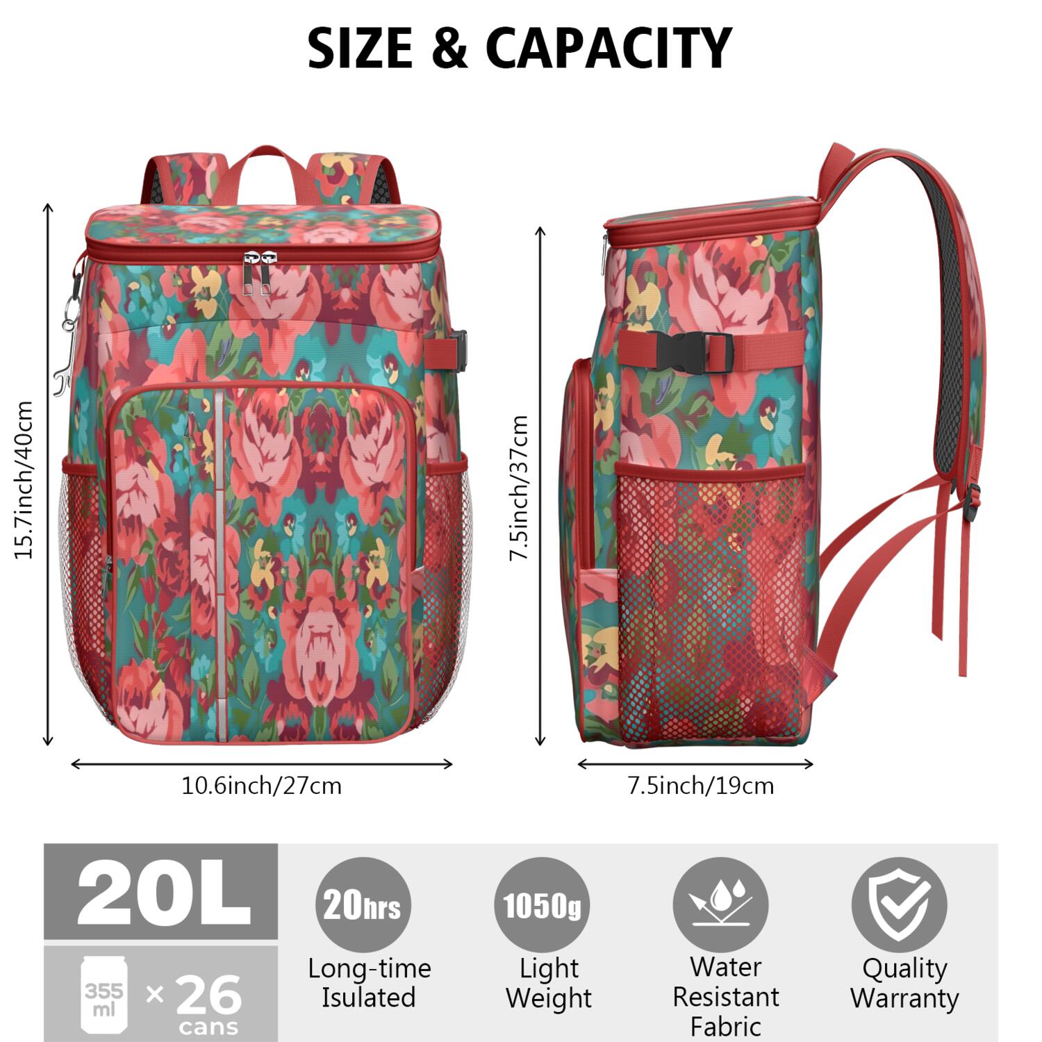 Travel Cooler Bag - Pioneer Flower Floral Print Pattern Camping Beer Cooler Backpack with Bottle Opener- Waterproof Insulated Picnic Backpacks - Cooler Bag for Beach