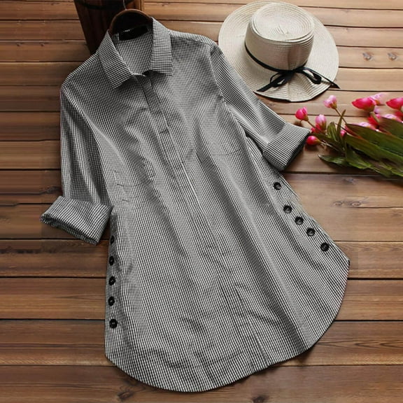 Tops for Women 2024,Clearance Women Casual Turndown Collar Lattice Button Long Sleeve Irregular Hem Shirt Blouse Tops Shirt