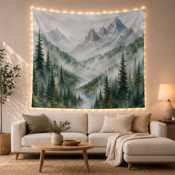 Misty Mountain Forest Landscape with Misty Pine Valleys Serene Watercolor for Nature Enthusiasts Forest Wall Art Housewarming Gift Tapestry Wall Hanging for Bedroom and Living Room