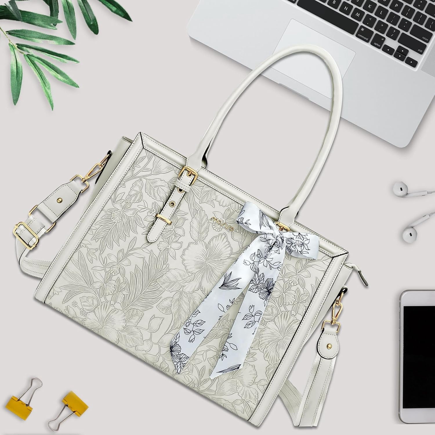 Mosiso Laptop Tote Bag for Women, 15.6-16 inch Waterproof PU Leather Travel Work Office Shoulder Messenger Handbag for MacBook Air Pro HP Dell Asus Acer Computer Satchel Bags, Beige